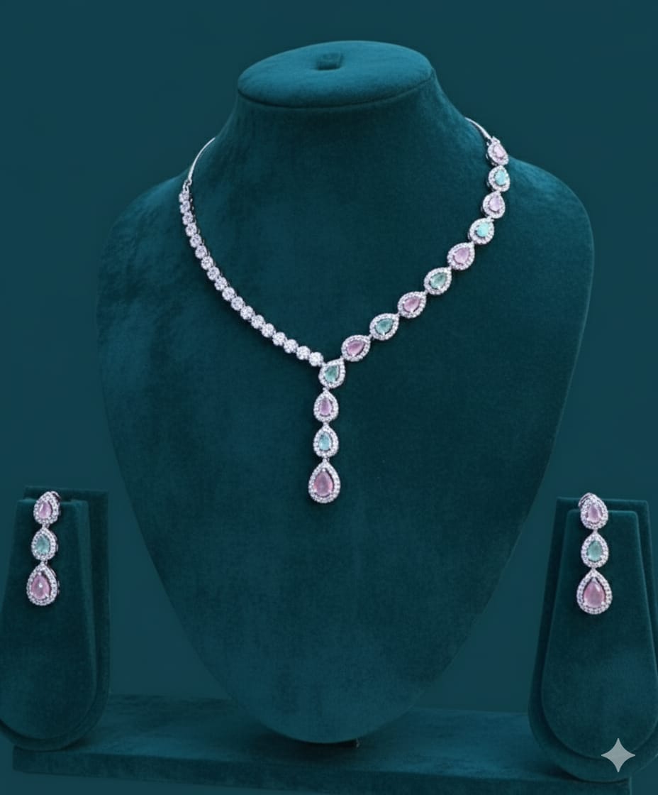Cubic Zircon /  Classic Necklace Set - Eternal Beauty / Pastel Perfection in "Pink and Mint" With Earrings