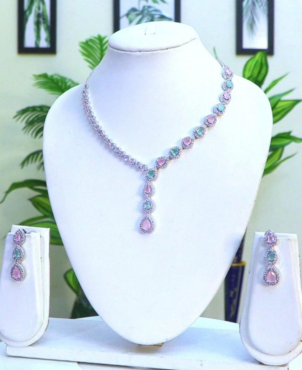 Cubic Zircon /  Classic Necklace Set - Eternal Beauty / Pastel Perfection in "Pink and Mint" With Earrings
