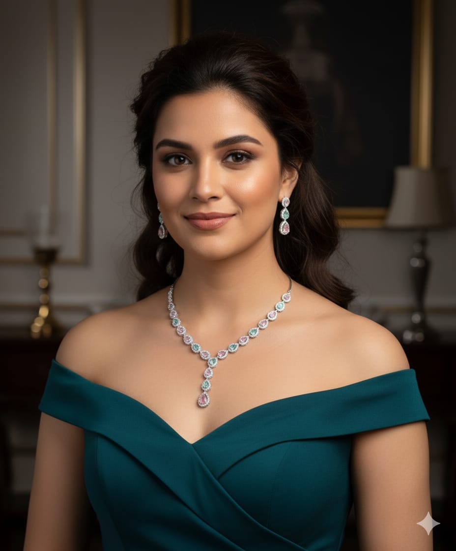 Cubic Zircon /  Classic Necklace Set - Eternal Beauty / Pastel Perfection in "Pink and Mint" With Earrings