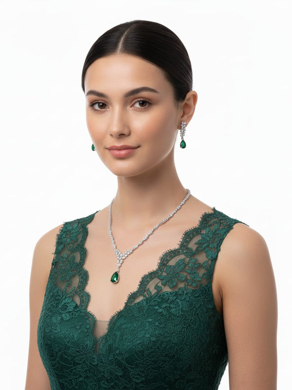 Nature's Elegance in CZ Form With Earrings / Green Glamour - Lasting Impression