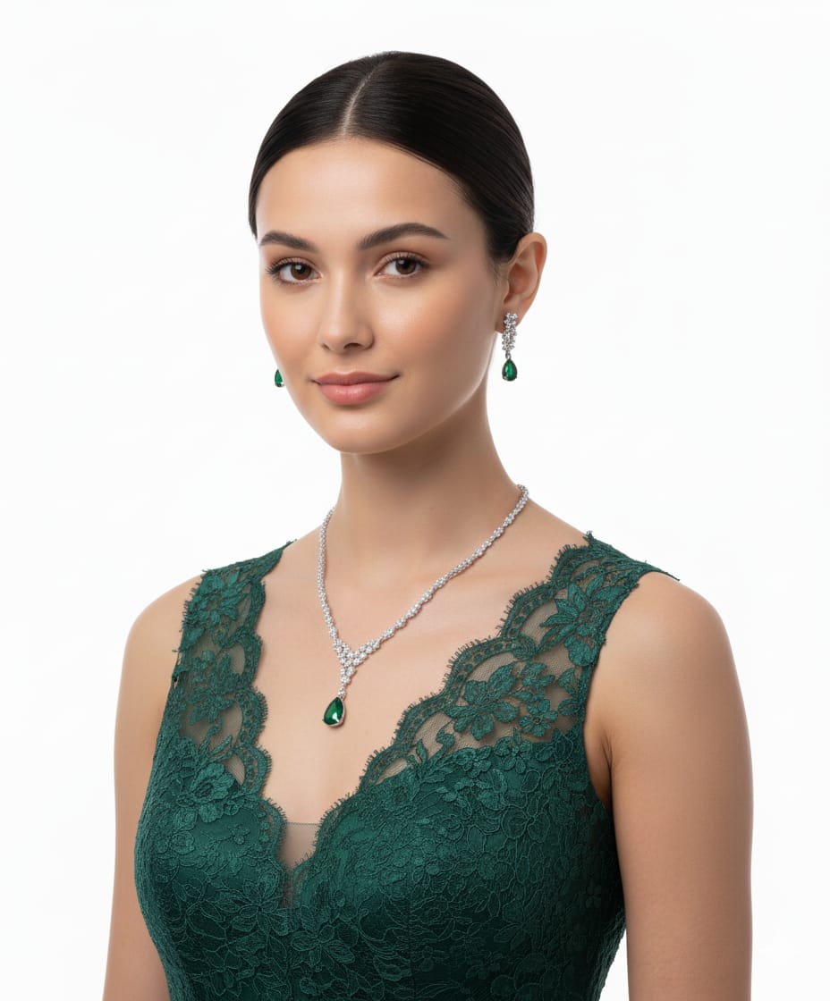 Nature's Elegance in CZ Form With Earrings / Green Glamour - Lasting Impression