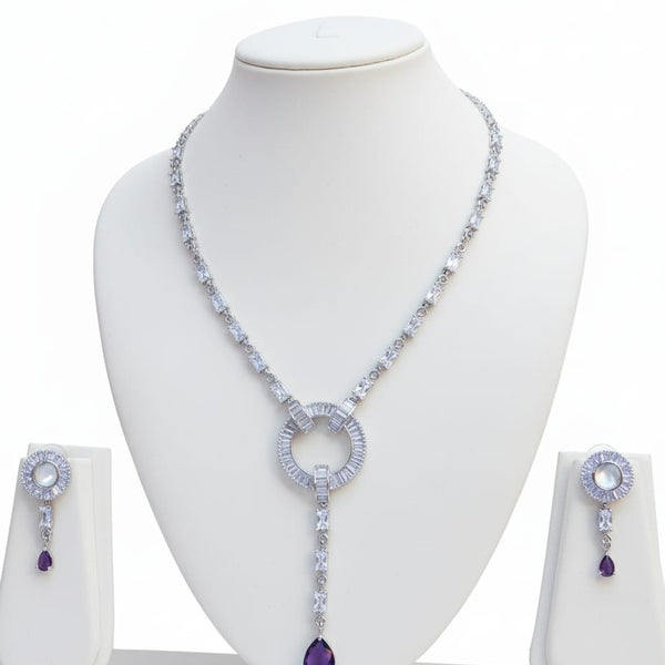 Light Weighted CZ Necklace Set With Earrings / Blue Colour