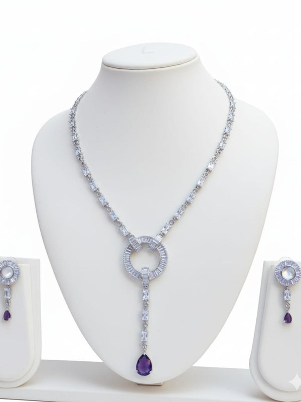 Light Weighted CZ Necklace Set With Earrings / Blue Colour