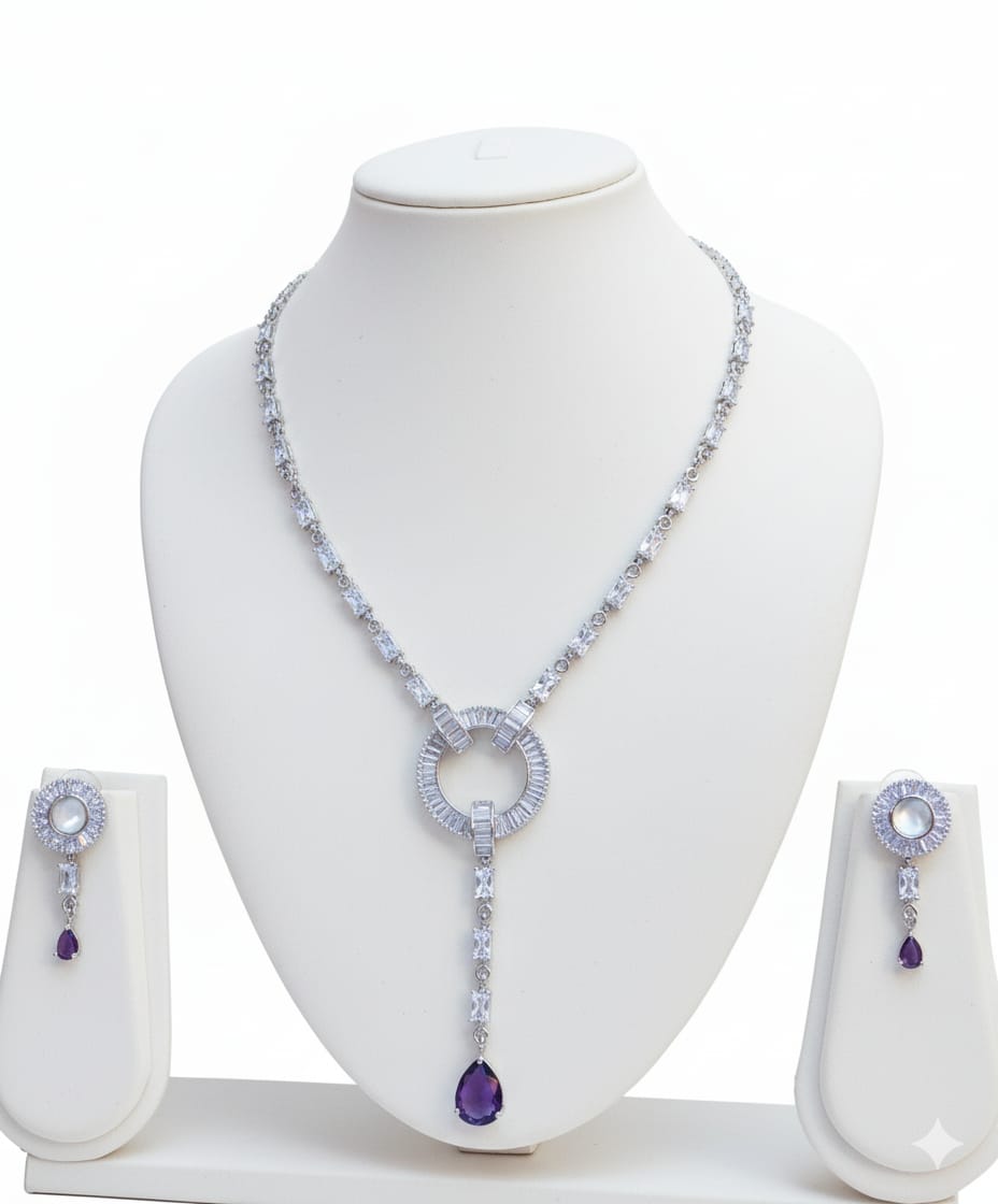 Light Weighted CZ Necklace Set With Earrings / Blue Colour