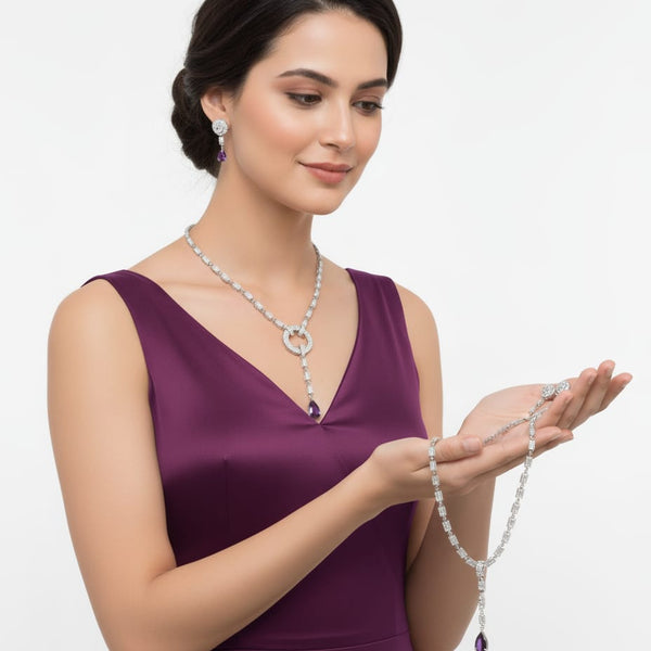 Light Weighted CZ Necklace Set With Earrings / Blue Colour