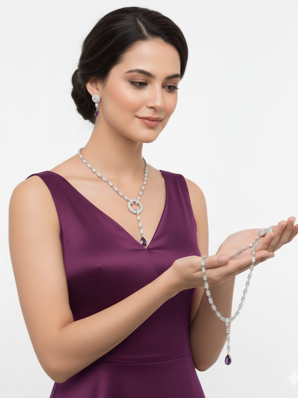 Light Weighted CZ Necklace Set With Earrings / Blue Colour