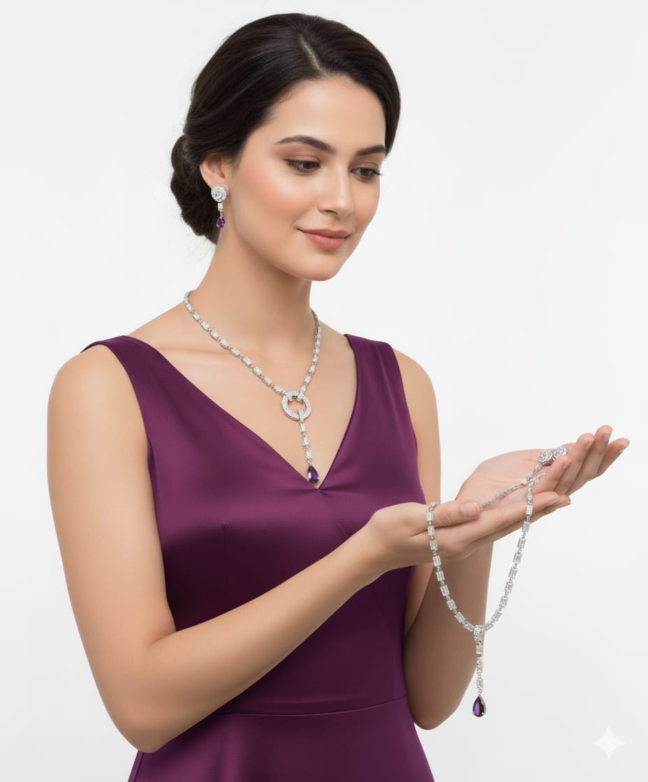 Light Weighted CZ Necklace Set With Earrings / Blue Colour