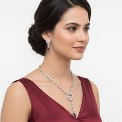 Light Weighted CZ Necklace Set With Earrings / Blue Colour