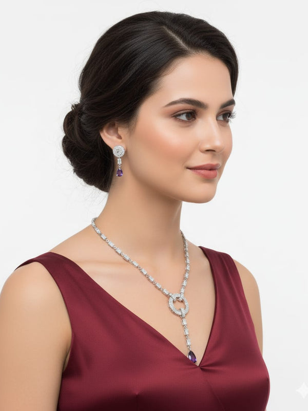 Light Weighted CZ Necklace Set With Earrings / Blue Colour