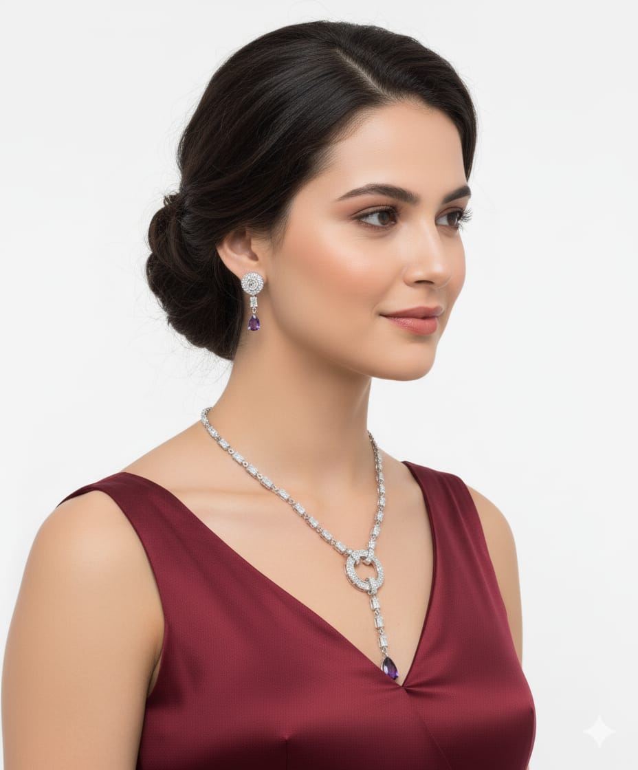 Light Weighted CZ Necklace Set With Earrings / Blue Colour