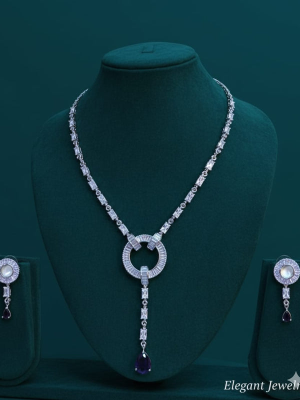 Light Weighted CZ Necklace Set With Earrings / Blue Colour