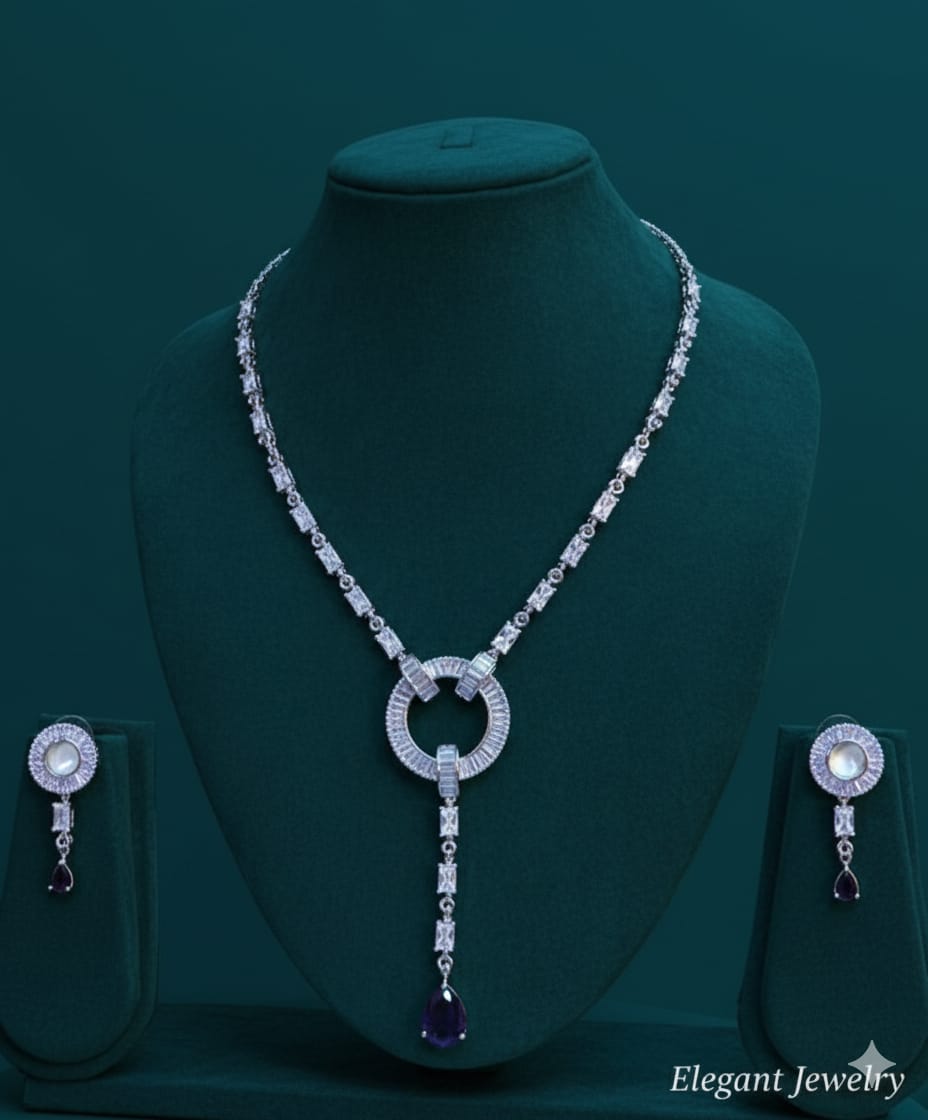 Light Weighted CZ Necklace Set With Earrings / Blue Colour