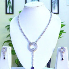 Light Weighted CZ Necklace Set With Earrings / Blue Colour