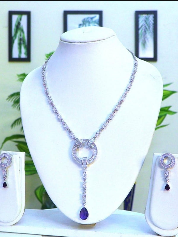 Light Weighted CZ Necklace Set With Earrings / Blue Colour