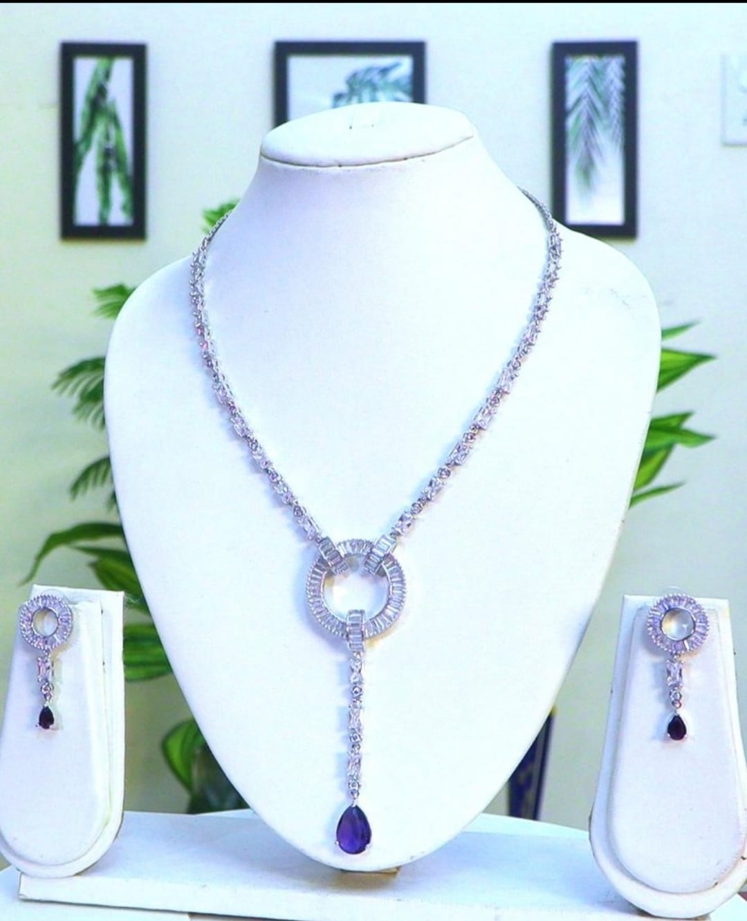 Light Weighted CZ Necklace Set With Earrings / Blue Colour