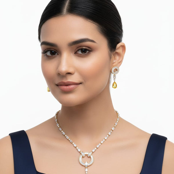 Light Weighted CZ Necklace Set With Earrings / Yellow Colour