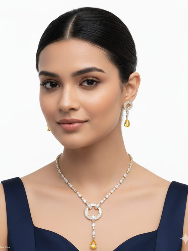 Light Weighted CZ Necklace Set With Earrings / Yellow Colour