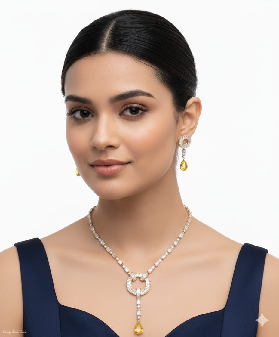 Light Weighted CZ Necklace Set With Earrings / Yellow Colour