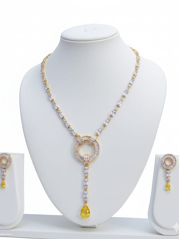 Light Weighted CZ Necklace Set With Earrings / Yellow Colour