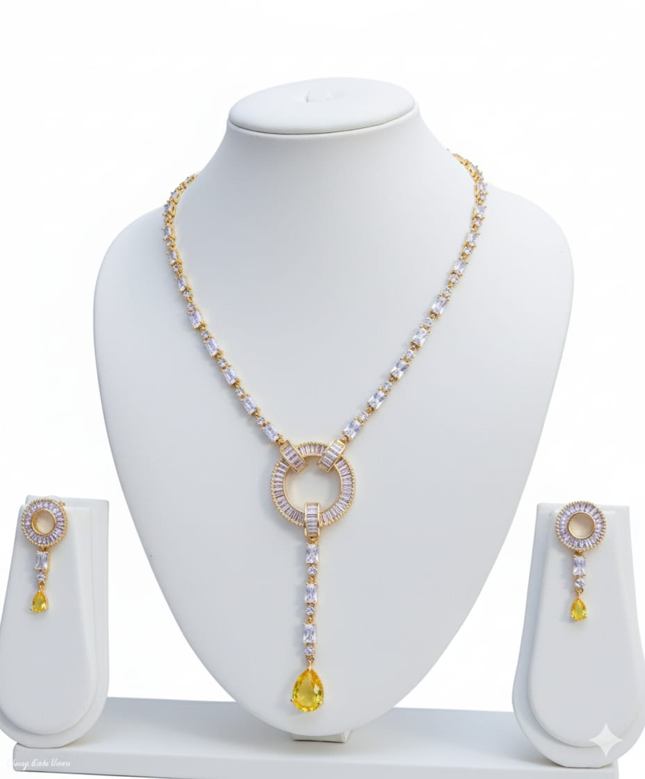 Light Weighted CZ Necklace Set With Earrings / Yellow Colour