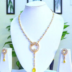 Light Weighted CZ Necklace Set With Earrings / Yellow Colour