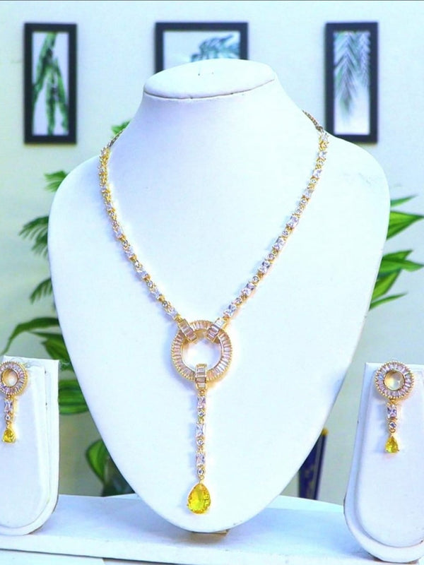 Light Weighted CZ Necklace Set With Earrings / Yellow Colour