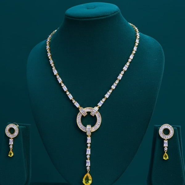 Light Weighted CZ Necklace Set With Earrings / Yellow Colour