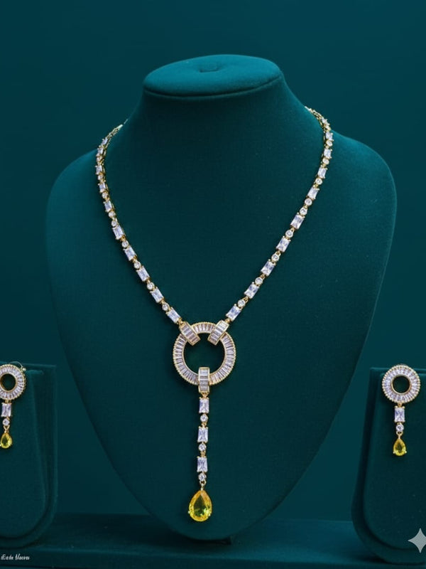 Light Weighted CZ Necklace Set With Earrings / Yellow Colour