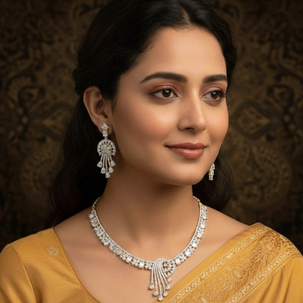 CZ Necklace Set With Earrings / Radiance of Tradition - Golden Ethnic Elegance