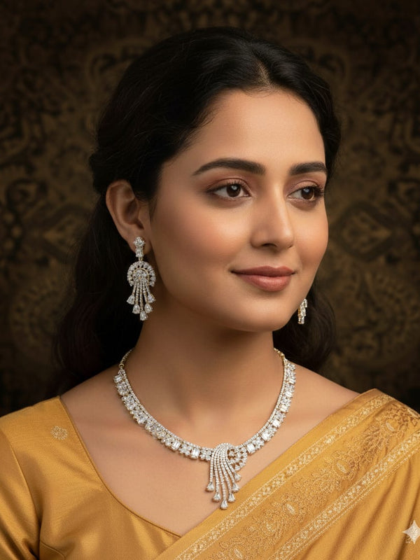 CZ Necklace Set With Earrings / Radiance of Tradition - Golden Ethnic Elegance