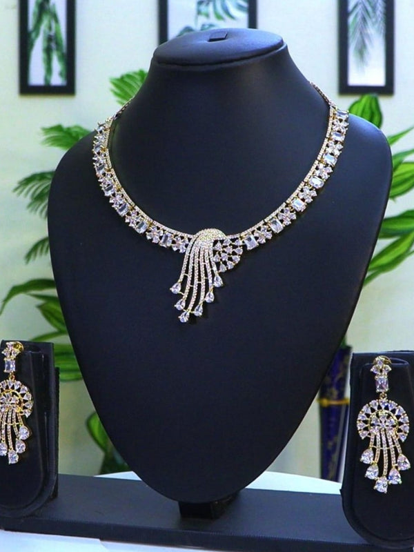 CZ Necklace Set With Earrings / Radiance of Tradition - Golden Ethnic Elegance