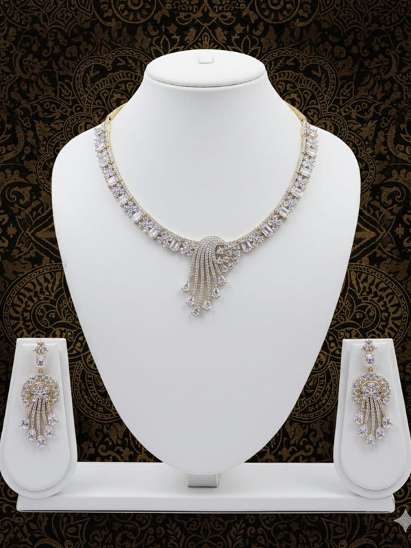 CZ Necklace Set With Earrings / Radiance of Tradition - Golden Ethnic Elegance