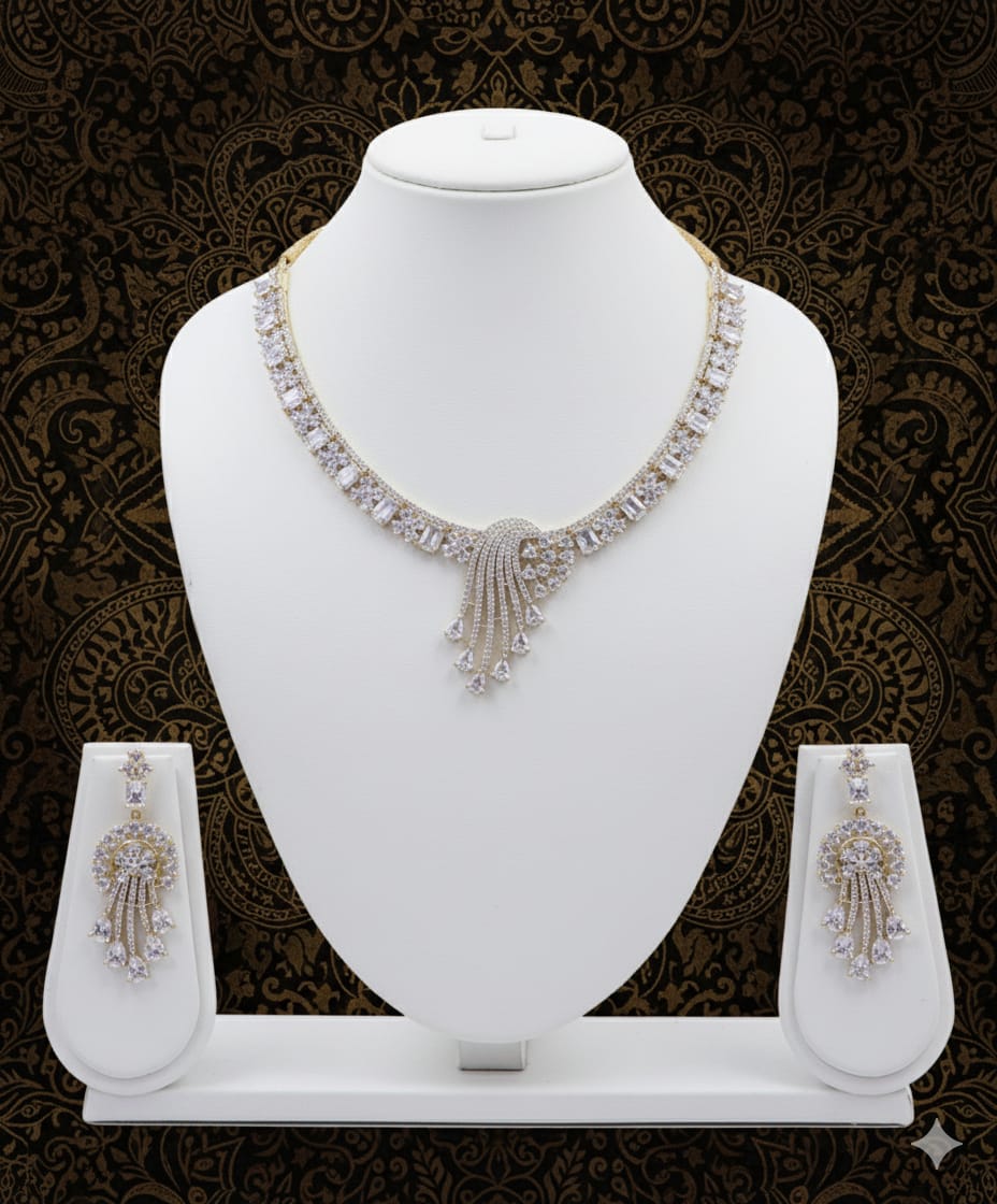 CZ Necklace Set With Earrings / Radiance of Tradition - Golden Ethnic Elegance