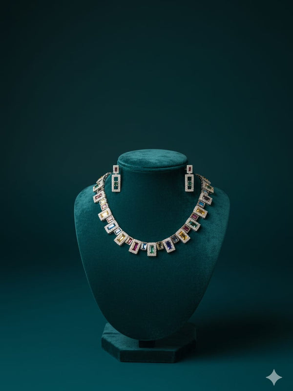 Multi - Colour CZ Necklace Set With Earrings / Light on You - Heavy on Style