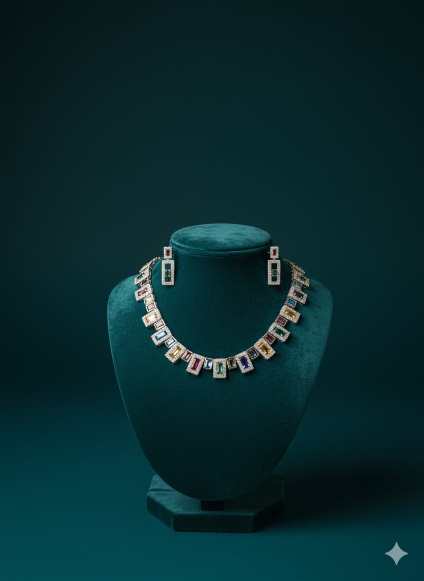 Multi - Colour CZ Necklace Set With Earrings / Light on You - Heavy on Style
