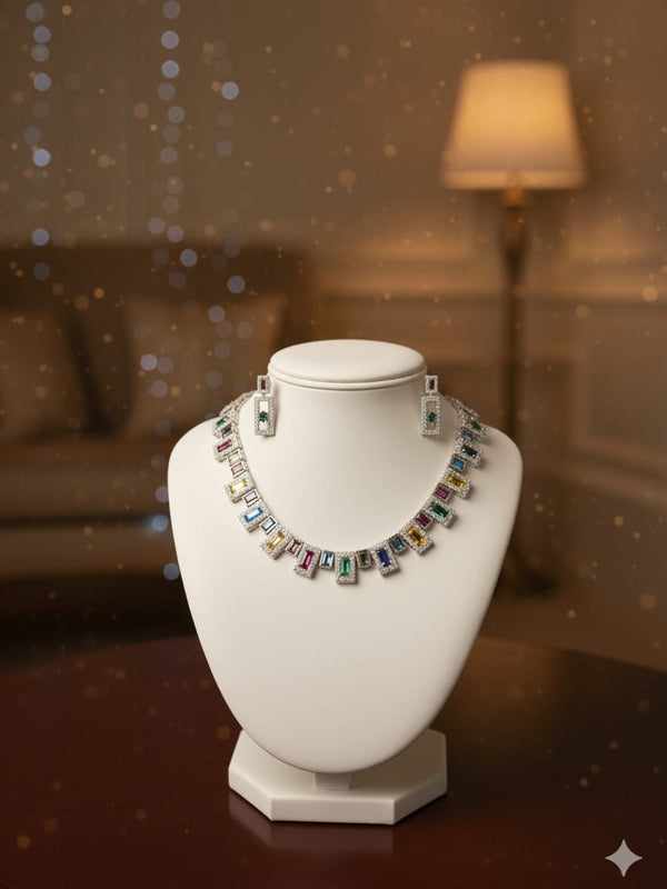 Multi - Colour CZ Necklace Set With Earrings / Light on You - Heavy on Style