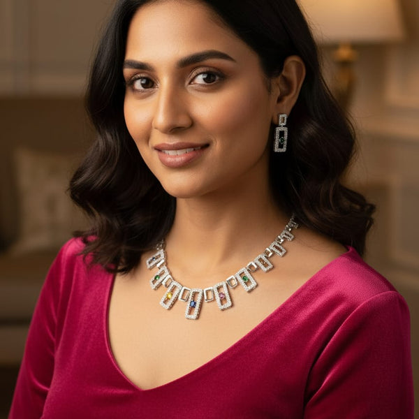 Multi - Colour CZ Necklace Set With Earrings / Light on You - Heavy on Style