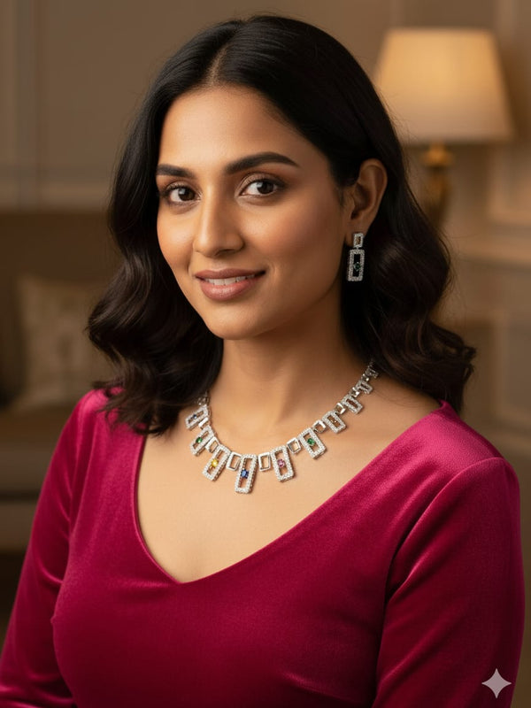 Multi - Colour CZ Necklace Set With Earrings / Light on You - Heavy on Style