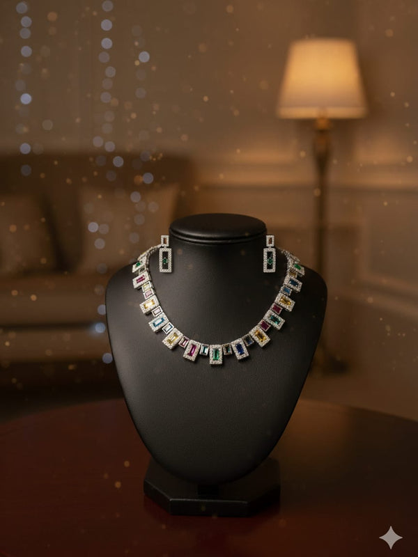 Multi - Colour CZ Necklace Set With Earrings / Light on You - Heavy on Style
