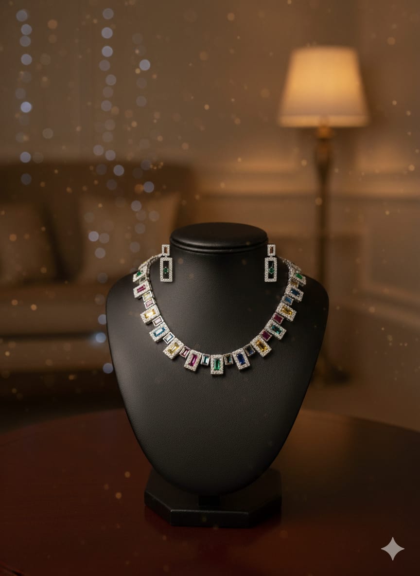 Multi - Colour CZ Necklace Set With Earrings / Light on You - Heavy on Style