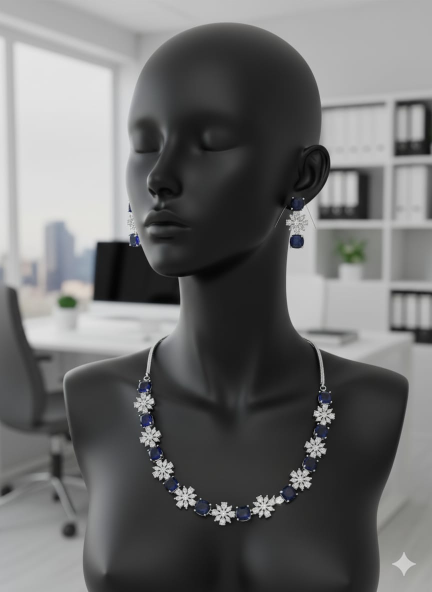 Fine Fashion Classic Necklace Set / Blue in Colour With Earrings
