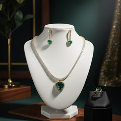 Green Heart Pendant Necklace with Matching Earrings and Ring