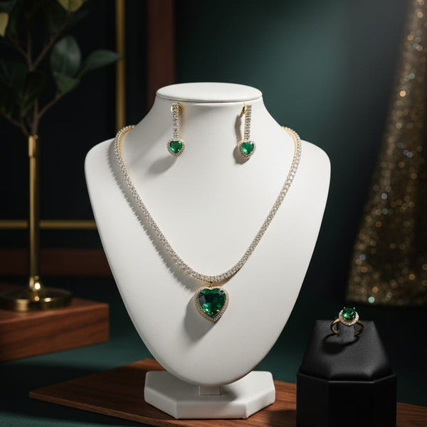 Green Heart Pendant Necklace with Matching Earrings and Ring