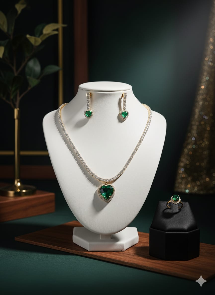 Green Heart Pendant Necklace with Matching Earrings and Ring