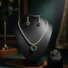 Green Heart Pendant Necklace with Matching Earrings and Ring