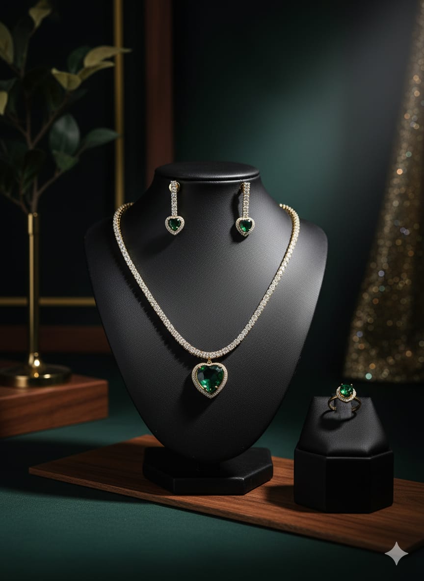 Green Heart Pendant Necklace with Matching Earrings and Ring