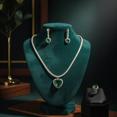 Green Heart Pendant Necklace with Matching Earrings and Ring