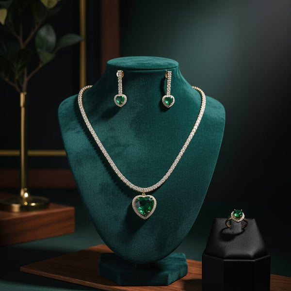 Green Heart Pendant Necklace with Matching Earrings and Ring