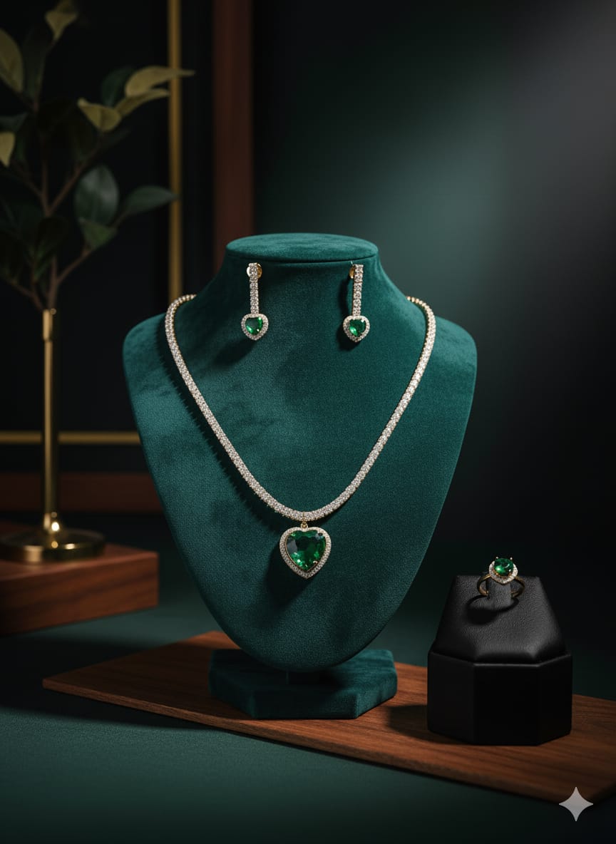 Green Heart Pendant Necklace with Matching Earrings and Ring
