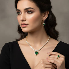 Green Heart Pendant Necklace with Matching Earrings and Ring
